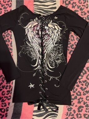 Vintage SoCal Angel wings open back lace up long sleeve shirt